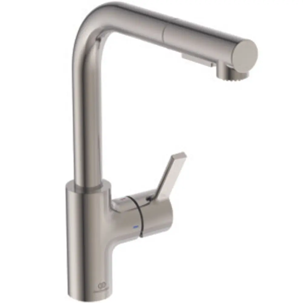 Küchenarmatur von Ideal Standard mit L-Auslauf und einer integrierten Brause. Verchromte Oberfläche. Einhebelmischer zur Regulierung von Wasserfluss und Temperatur.